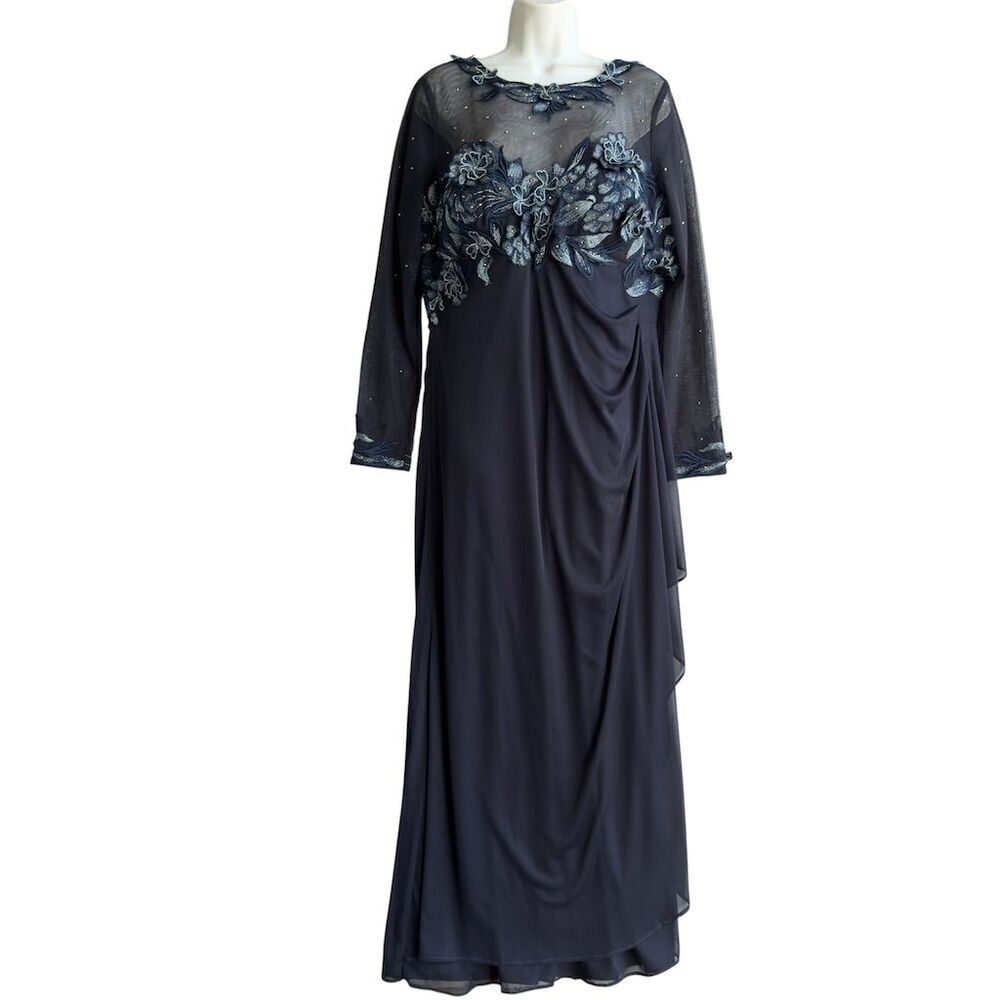 Xscape Floral Evening Gown Size 16 Blue Long Sleeve Mother of the Bride Cocktail